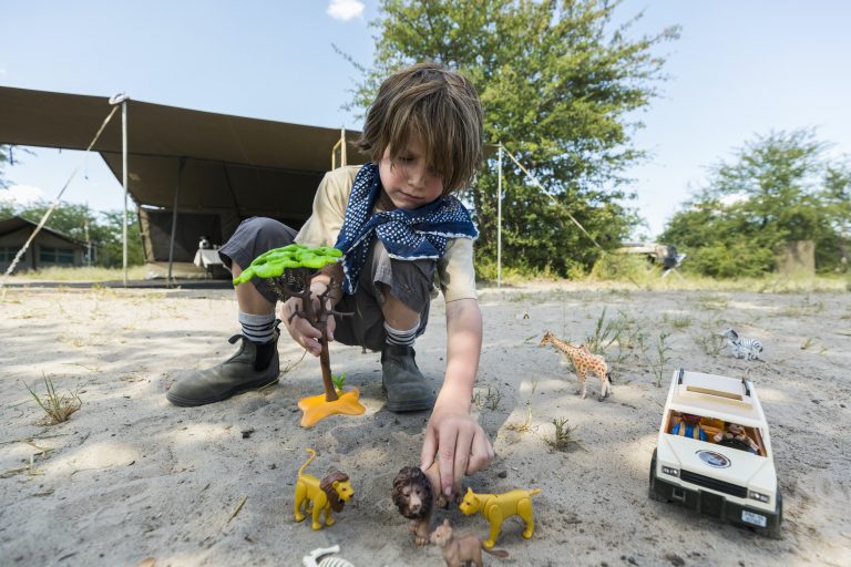A boy setting up a safari scene with toy jeeps and wild animal toys and a tall tree